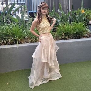 Social Code ✦ Skirt Set ✦ Champagne Sequin Halter Crop Ruffle Chiffon High‑Low 3